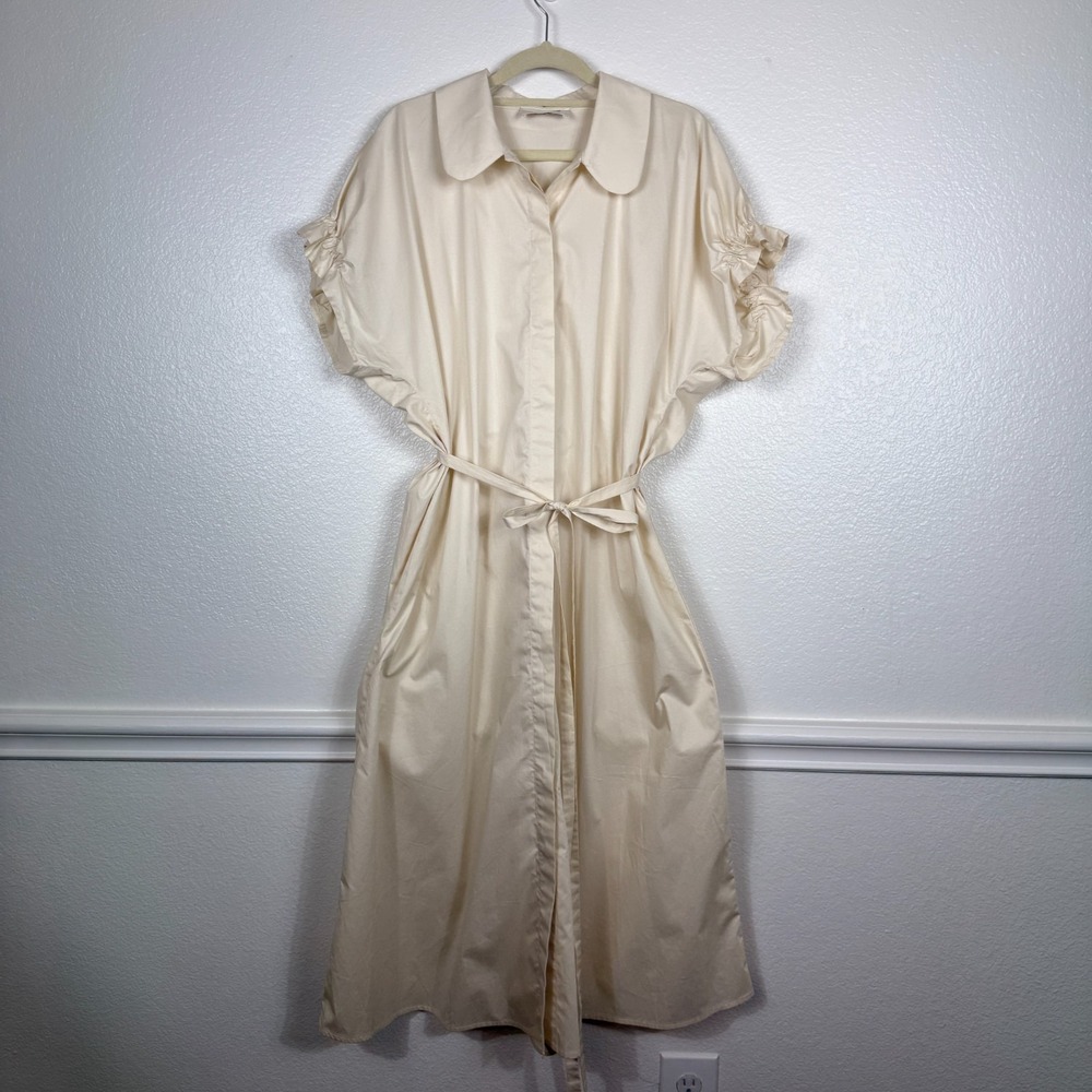 MEIMEIJ Cream Midi Dress with Tie Waist and Puff Sleeve Peter Pan Collar